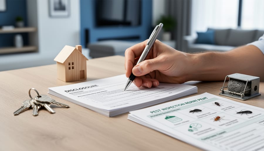 Hand signing home sale disclosure papers on a wooden desk with house keys, small model house, pest inspection documents, and a discreet humane rat trap or steel-wool entry patch under soft daylight, blurred home interior, no legible text.