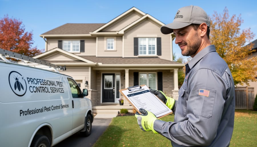 Pest control professional inspecting home foundation and entry points