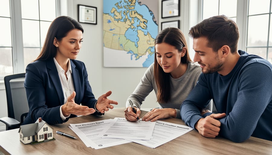 Real estate disclosure documents and forms on desk with house keys